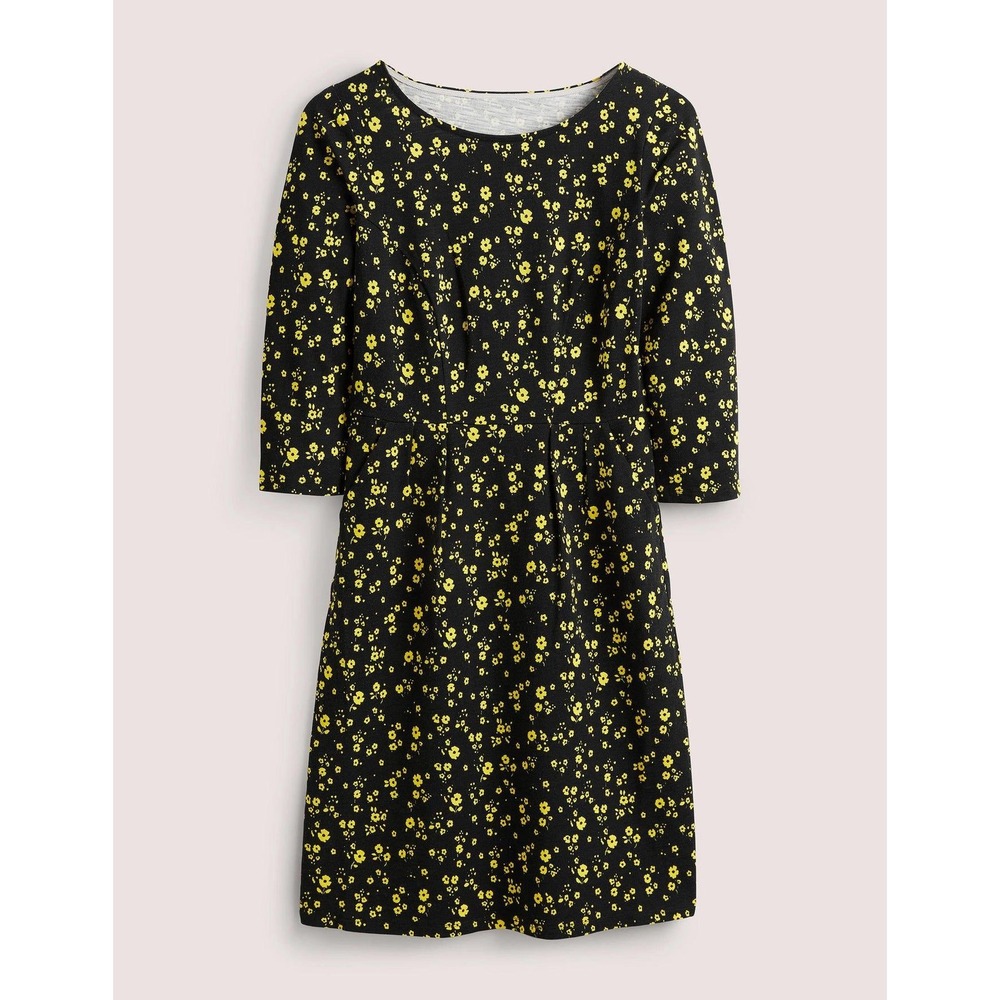 Boden British‎ Style Penny Black Yellow Floral Jersey Dress 3/4 Sleeve 2P Petite